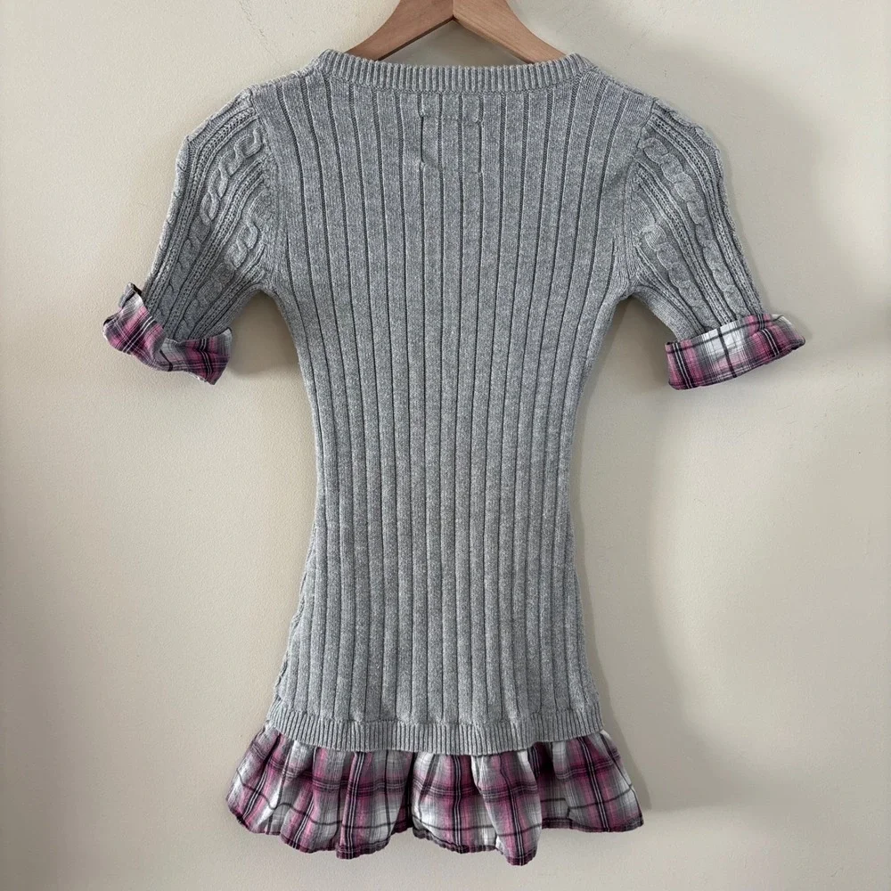 Justice Girls Gray Cable Knit Sweater Plaid Trim Short Sleeve Top Size 12 XS